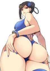 1girls ass ass_focus ass_lift ass_support asymmetrical_hair backless_swimsuit black_hair blue_flower blue_nails blue_one-piece_swimsuit bracelet braid braided_hair_rings breasts brown_eyes cameltoe capcom chun-li cowboy_shot criss-cross_back-straps deep_skin donut_hair_bun double_bun expressionless eyeshadow flower foreshortening from_behind from_below hair_bun hair_flower hair_ornament hair_rings highleg highleg_one-piece_swimsuit highres jewelry kintarou_(kintarou's_room) lipstick lotus makeup nail_polish one-piece_swimsuit parted_bangs red_eyeshadow short_hair side_part simple_background solo street_fighter swept_bangs swimsuit thigh_strap twisted_torso underbutt v-shaped_eyebrows white_background