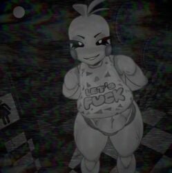 3d anonymous_artist blender breasts camera_view five_nights_at_freddy's five_nights_at_freddy's_2 fnaf1_location monochrome render solo toy_chica_(fnaf) vhs_filter