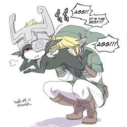 1boy ass ass_grab blonde_hair boots bored butt_crack face_in_ass female floating hair hat headgear helmet imp imp_midna kanya_pyi knee_boots link link_(twilight_princess) midna nintendo pointy_ears red_eyes simple_background text the_legend_of_zelda tunic twilight_princess white_background