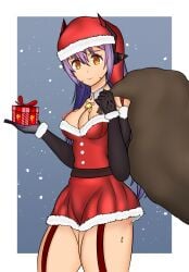 android blue_hair breasts christmas christmas_clothing christmas_headwear christmas_outfit cleavage core_crystal core_crystal_(xenoblade) ether_lines female horns long_hair orange_eyes poppi_(xenoblade) poppi_qtpi_(xenoblade) robot_ears robot_girl shiomivoid skimpy skimpy_clothes xenoblade_(series) xenoblade_chronicles_2