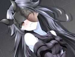 bare_shoulders black_dress breasts brown_eyes detached_sleeves disembodied_penis dress face_mask female grey_hair hachi_(chihagura) horns kantai_collection large_breasts light_cruiser_hime long_hair looking_at_viewer mask neckerchief penis school_uniform serafuku shinkaisei-kan solo_focus tears very_long_hair