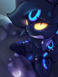 3:4 absurd_res anthro anus black_body black_fur blue_body blue_glow breasts cha0sapien clothing eeveelution female fishnet_clothing freckles fur gag generation_2_pokemon genitals glowing glowing_eyes glowing_markings hi_res markings moon moonshine_(cha0sapien) night nintendo pokemon pokemon_(species) puddle reflection shiny_pokemon small_breasts solo tape tape_gag umbreon vulva yellow_eyes