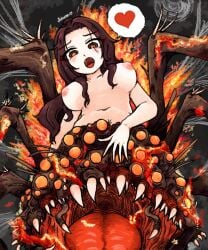 arachne brown_hair chaos_witch_quelaag dark_souls demon demon_girl exposed_nipples fangs fromsoftware futuree hair_between_breasts hair_over_breasts heart heart_symbol large_breasts long_hair looking_at_viewer nude o_face orange_eyes spider spider_girl spider_web spider_web_background spoken_heart