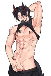2d abdominal_tattoo abs arm_up armpit armpits arms_behind_head black_clothing black_hair blush color crop_top demon demon_boy demon_horns digital_media_(artwork) ear_piercing erection exposed_penis hand_behind_head heterochromia highres hirusuhi horns large_penis looking_at_viewer lust_va male_focus male_only messy_hair muscular muscular_male navel_piercing nipple_piercing original pants_around_thighs pants_down pants_pulled_down partially_dressed pecs penis piercing pubic_hair red_eyes red_horns roman_numeral_tattoo shirt_lift smirk solo solo_focus solo_male standing star_piercing sweat sweatdrop sweaty_armpits tattoo testicles toned_male tsul vii_tattoo