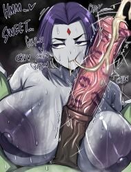 after_fellatio after_oral beast_boy bestiality big_areola big_breasts cum cum_in_mouth dc dc_comics drool_string geulimykun_(skbyunea413) grey_skin horse horse_penis horsecock huge_balls interspecies lipstick_mark lipstick_on_penis paizuri rachel_roth raven_(dc) teen_titans unbothered ykun zoophilia