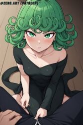 aged_up ai_art ai_assisted ai_generated ai_slop bare_shoulders black_dress blush cleavage curly_hair detailed_eyes female green_eyes green_hair highres holding_clothing indoors looking_at_viewer off_shoulder one_punch_man pov solo suggestive tatsumaki) zipper