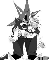 ahe_gao amy_rose anthro barefoot blush bodily_fluids breasts carrying_another chillidog0 clothing clothing_aside duo eulipotyphlan feet female footwear genitals hand_on_face hedgehog hi_res hindpaw looking_pleasured machine male male/female mammal metal_sonic monochrome name_tag neo_metal_sonic office_clothing office_lady office_sex one_breast_out panties panties_aside pawpads paws penis robot shoes sonic_(series) sonic_heroes sonic_the_hedgehog_(series) suit tears tears_of_pleasure underwear underwear_aside vulva