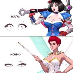 1:1 2girls 3d animated axe big_breasts black_hair blue_eyes bouncing_breasts breasts bust busty chest cleavage curvaceous curvy curvy_figure digital_media_(artwork) fairy_godmother_(swords_and_slippers) fairy_tales female female_only folklore gloves green_eyes hand_on_hip hips hourglass_figure huge_breasts large_breasts light-skinned_female light_skin looking_at_viewer mass_creation mature mature_female meme multiple_girls no_sound official_animation red_gloves red_hair red_lips short_hair slim_waist snow_white_(swords_and_slippers) swords_and_slippers thick thick_hips video voluptuous waifu_mommy_(meme) waist wand wide_hips wings