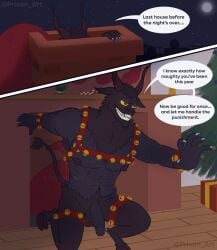 abs anthro bag balls bell body_hair bovid breasts caprine chimney christmas claws comic demon english_text fangs fireplace foreskin fur genitals glowing glowing_eyes goat grey_body grey_fur hairy happy_trail harness hi_res holidays hooves horn krampus male male/male mammal muscular night nipples pecs penis privon solo tail teeth text vein veiny_penis