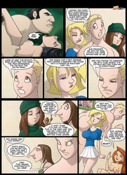 4girls blonde_hair breasts brown_hair comic english_text female jab miniskirt multiple_girls panels pleated_skirt skirt text