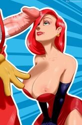 disney dress earrings elbow_gloves female gloves green_eyes hazardini highres human imminent_fellatio imminent_oral jessica_rabbit jewelry male nipple_slip nipples red_dress red_hair roger_rabbit straight who_framed_roger_rabbit