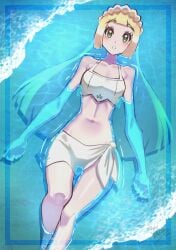 1girls absurdres afloat bikini blonde_hair blush collarbone curvy female female_only green_eyes highres lillie_(pokemon) long_hair looking_at_viewer looking_up midriff nintendo pokemon pokemon_(anime) pokemon_sm_(anime) shiny_skin solo swimming swimsuit water white_bikini wide_hips yasu_suupatenin
