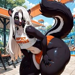 1boy 1femboy ai_generated animated anthro ass_visible_from_the_front big_ass big_butt black_fur bubble_butt bulge detailed_background femboy femboy_hooters feminine furry gayiffai girly green_eyes hands_on_thighs huge_ass huge_butt juniper_(gayiffai) long_hair looking_at_viewer male multicolored_body seductive seductive_look shaking shaking_ass shaking_butt skunk solo sound tagme thick_ass thick_thighs video waterpark white_fur white_hair wide_hips