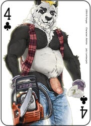 balls bear blonde_hair chainsaw clothing english_text flannel fonya furry gloves hair humanoid_penis jeans male male_only mammal panda pants penis piercing solo text thedecisivepanda tools