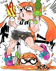 2girls accidental_circumstance accidental_penetration anthro beige_skin breasts cameltoe cephalopod cephalopod_humanoid clothed color female female_only gun humanoid inkling inkling_girl jump kaori_(splatoon) long_hair mask_(marking) multiple_girls nintendo orange_eyes orange_hair penetration pointy_ears shocked small_breasts solo_focus splatoon splattershot squid tentacle tentacle_hair tetugakuzonbi text translation_request vaginal_penetration weapon