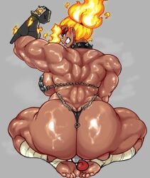 areola ass big_areola big_breasts big_butt breasts breedable_hips chain_bikini chains collar duo elemental_creature elemental_humanoid eljarochofeliz facesitting female fire fire_creature fire_hair fire_humanoid flame_hair flexing glove hi_res huge_breasts humanoid licking licking_feet looking_at_partner looking_down male male/female mesmerizing_ass metal_bikini muscular muscular_female puppet_(eljarochofeliz) sitting sitting_on_person spiked_collar thick_thighs titania_(eljarochofeliz) tongue_out