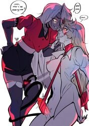 2girls absurdres arms_behind_back blonde_hair bound bound_arms charlie_morningstar circle_facial_mark colored_sclera colored_skin commentary demon_girl facial_mark femdom futa_with_female futanari hand_on_own_hip hazbin_hotel hellaverse highres long_hair multiple_girls open_clothes open_shirt penis pink_sclera raccoon_404 ribbon ribbon_bondage skirt smile symbol-only_commentary tail tail_wrap thighhighs vaggie very_long_hair white_skin yellow_sclera