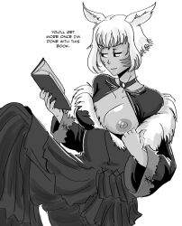 cat_ears cat_tail catgirl final_fantasy final_fantasy_xiv flashing flashing_breasts kemonomimi large_breasts majinsfw miqo'te monochrome reading reading_book speech_bubble square_enix teasing text whisker_markings white_hair y'shtola y'shtola_whul