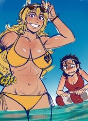 2girls bikini bikini_bottom bikini_top blonde_female blonde_hair boletinnie_(artist) cleavage long_hair long_hair_female one-piece_swimsuit purple_eyes robotic_arm ruby_rose rwby silver_eyes yang_xiao_long