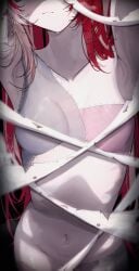 1girls bandage belly_button blush breasts covered_nipples covered_pussy female female_only getto_(ifphilo) hololive hololive_indonesia hololive_indonesia_holoro kureiji_ollie nipple_covers nude patchwork_skin red_hair small_breasts solo stiches sweat virtual_youtuber zombie_girl