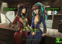 1futa 1girls artist_self-insert bar bethesda_softworks black_hair bodysuit brown_eyes brown_hair bulge cameltail cap cleavage computer dickgirl electronics english english_text eyewear fallout fallout_(series) fallout_4 female futanari gameplay_mechanics glasses highlights hizzacked hizzy intersex intersex_with_female long_hair medium_breasts mutation open_clothes penis penis_bulge penis_under_clothes pip-boy piper_wright scarf short_hair standing text vault_suit wide_hips wristwear