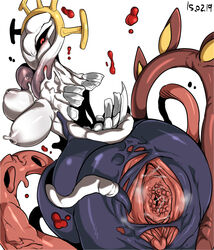 blood blush body_horror breasts damaged_teeth double_(skullgirls) exposed_pussy female_only goo monster monster_girl skullgirls tentacle tetugakuzonbi