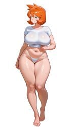 ai_generated alternative_bust_size arm_at_side bangs bare_legs barefoot bikini bikini_bottom bikini_bottom_only blush breasts busty clavicle closed_mouth clothing crop_top cropped_shirt curvaceous feet female green_eyes groin hair_between_eyes highleg highleg_bikini highleg_panties highleg_swimsuit huge_breasts kasumi_(pokemon) knees large_breasts legs linea_alba looking_to_the_side misty_(pokemon) misty_(pokemon_hgss) navel orange_hair pantsu plump pokemon shiny_skin shirt short_hair short_sleeves skindentation standing stomach swimsuit t-shirt thick_thighs thighs thong toenails toes topless underwear white_bikini white_panties white_shirt white_swimsuit white_underwear wide_hips