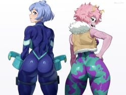 2girls ass ass_focus athletic athletic_female big_ass blue_bodysuit blue_hair bodysuit boku_no_hero_academia breasts butt_focus cropped_legs cropped_vest facing_away female female_only from_behind fur_trim hand_on_hip hands_on_hips hero_outfit_(mha) highres human human_female light-skinned_female mendo0821 mina_ashido muscular_arms muscular_back muscular_female my_hero_academia nejire_hado pink_skin short_hair skin_tight slim_waist standing superheroine teenager thick_thighs tight_clothes tight_clothing tight_pants vest white_background wide_hips yellow_background