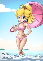 1girls artist_name beach big_breasts bikini blonde_hair blue_eyes breasts busty cleavage female female_only hand_on_hip highres large_breasts legs long_hair looking_at_viewer mario_(series) navel nintendo ocean pink_bikini pink_lips ponytail pose posing princess princess_peach smile solo source_request swimsuit thighs umbrella voluptuous water
