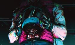 1boy arms_up biker_(hotline_miami) blood blood_on_body blue_pants bone commentary cowboy_shot decapitation english_commentary fingerless_gloves glitch gloves guro helmet highres holding holding_detached_head hood hooded_jacket hotline_miami jacket male_focus motorcycle_helmet pants red_jacket shirt short_sleeves sleeveless sleeveless_jacket solo spine tatsu_(tatsumccree) torn_clothes torn_sleeves twitter_username white_shirt