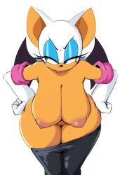 1girls 2026 anthro areolae chilisauce elbow_gloves green_eyes hands_on_hips huge_breasts leaning_forward looking_annoyed nipples pants_down pants_pulled_down rouge_the_bat sega sonic_(series) sonic_the_hedgehog_(series) tan_body tan_skin thick_thighs topless topless_female white_fur wide_hips