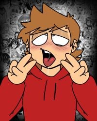 ahegao ahegao_expression ahegao_face blush blush_lines blushing brown_hair double_peace_sign drool drooling eddsworld eyes_rolling_back fluffy_hair hair_horns justsomedude light-skinned_male meme meme_in_the_background peace_sign red_hoodie requested tongue_out tord_(eddsworld)
