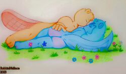 absurd_res anthro ass beaver blue_body closed_eyes duo female flower grassy_field handy_(htf) happy_tree_friends hi_res kissing male male/female mammal mephitid orange_body petunia_(htf) pink_butt plant robbiewallace rodent simple_background skunk touching_butt traditional_media_(artwork)
