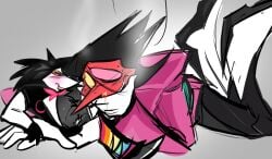 blushing_profusely deltarune dick implied_blowjob implied_sex nb/m nonbinary nosebleed size_comparison size_difference spamton_g_spamton spamton_neo swatch_(deltarune)