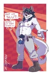 abs anthro armpit_hair beckoning belt bodily_fluids body_hair boots bottomwear bulge bulge_grab canid canine canis clothed clothing domestic_dog drooling footwear genital_fluids gesture hair hi_res leaking_precum long_hair male mammal naudiz_(artist) nipples pants pecs precum saliva shoes smile solo standing tail topless