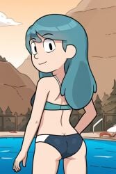aged_up ai-generated ai_generated artist_request ass bikini bikini_bottom bikini_top blue_bikini blue_bikini_bottom blue_bikini_top blue_hair breasts female female_focus female_only female_solo hilda_(hilda) hilda_(series) light-skinned light-skinned_female looking_at_viewer looking_back netflix outdoors pool smile solo swimsuit