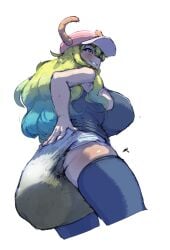 1girls ass baseball_cap blonde_hair diaper from_below full_diaper gennhauhnarts hat holding_diaper horns hyper_diaper kobayashi-san_chi_no_maidragon looking_at_viewer looking_back looking_down lucoa lucoa_(maidragon) messy_diaper miss_kobayashi's_dragon_maid multicolored_hair quetzalcoatl_(dragon_maid) scat soiled_diaper solo