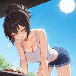 ai_generated all_fours bare_arms bare_shoulders bent_over black_hair blue_shorts blue_sky blush breasts camisole cleavage closed_eyes crop_top curry curry_rice day denim denim_shorts food large_breasts midriff midriff_peek mitarashi_anko naruto naruto_(series) naruto_shippuden open_mouth outdoors rice shirt short_hair short_ponytail short_shorts shorts sky smile solo sun sweat sweaty_clothes thighs trembling twoderrick wet white_camisole white_tank_top