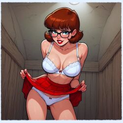 ai_generated bra breasts lipstick looking_at_viewer miniskirt panties red_lipstick scooby-doo teasing velma_dinkley
