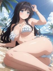 1girls ai_generated ass bangs bare_legs bare_shoulders barefoot beach bikini black_hair blue_eyes blush bracelet breasts cleavage cloud collarbone day eyebrows_visible_through_hair frilled_bikini frills hair_intakes jewelry kaoru_hana_wa_rin_to_saku large_breasts long_hair looking_at_viewer lying necklace ocean on_side outdoors palm_leaf palm_tree parted_lips sky solo swimsuit thighs tree underboob waguri_kaoruko white_bikini