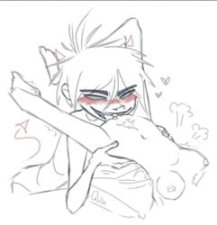 2d_(gorillaz) blush breasts breasts_out demon_horns demon_tail eating_pussy gorillaz licking licking_pussy male male/female male_focus nonbinary pussy quixoticcoitus smug smug_expression smug_face smug_smile straight straight_sex vagina