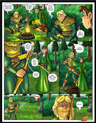 2boys archery blonde blue_eyes bow brown_hair bulge bulge_fondling bulge_grab bushes color colored comic dialogue dungeons_and_dragons english_text fantasy fire fireplace forest hank_the_ranger jab knee_high_boots lip_biting long_boots mage male_tights nature outdoors outside panels presto_the_magician robe running speech_bubble suggestive text tight_clothing tights trees wizard_hat