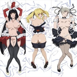 3girls armpits ass bami_clan_(kakegurui) bed big_breasts black_hair blonde_hair bodypillow braided_hair breasts clothes dakimakura dakimakura_design huge_breasts jabami_yumeko kakegurui maid_uniform momobami_kirari nude_filter partially_clothed pussy rabbit_ears saotome_meari se7en stockings thick_thighs thigh_gap third-party_edit uniform wide_hips