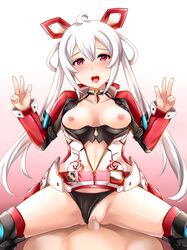 ahoge black_panties blush breasts breasts_out censored cum cum_in_pussy double_v female hair_ornament heart heart-shaped_pupils highres long_hair looking_at_viewer matoi_(pso2) navel nipples open_mouth panties panties_aside penetration phantasy_star phantasy_star_online_2 red_eyes silver_hair smile symbol-shaped_pupils tied_hair twintails underwear unzipped v vaginal_penetration yoshimo