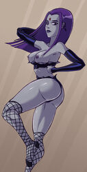 alternate_hair_length ass black_socks breasts cross dc dc_comics detached_sleeves ear_piercing earrings female fishnet_legwear fishnet_socks fishnet_thighhighs fishnets grey_skin long_hair long_legs looking_at_viewer nipple_piercing nipples purple_eyes purple_hair rachel_roth raven_(dc) socks solo straight_hair teen_titans thigh_socks thighhighs torn_clothes zelamir