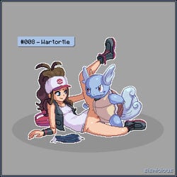 1boy 1girls baseball_cap boots bottomless clothed_sex clothes female grey_background hair hat hilda_(pokemon) human interspecies laced_boots larger_female long_hair male nintendo pixel_art pokemon pokemon_bw pokemon_rgby pokephilia ponytail pussy shell shirt shorts_removed sismicious size_difference smaller_male smile tied_hair turtle vest wartortle