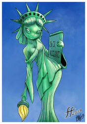 1girls 2009 artist_request breasts cleavage female looking_at_viewer solo statue statue_of_liberty text torch