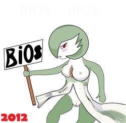 bios blush breasts gardevoir green_hair nipples pokemon pokemon_(species) red_eyes sign text vagina