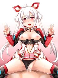 1boy ahoge black_panties blush breasts breasts_out censored cum cum_in_pussy double_v female hair_ornament heart heart-shaped_pupils highres long_hair looking_at_viewer matoi_(pso2) navel nipples open_mouth panties panties_aside penetration penis phantasy_star phantasy_star_online_2 pussy red_eyes sex silver_hair smile solo_focus spread_legs straight symbol-shaped_pupils thighhighs tied_hair twintails underwear unzipped v vaginal_penetration yoshimo