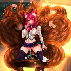 academy_ahri after_sex ahri alternate_costume animal_ears claws cum cum_in_mouth cum_in_pussy cum_inside female fox_girl kneeling league_of_legends long_hair multiple_tails pink_hair school_uniform skirt solo steffydoodles stockings tail